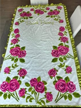 Beach Bunny White Towel with Pink Rose Border and Green Leaf Trim
